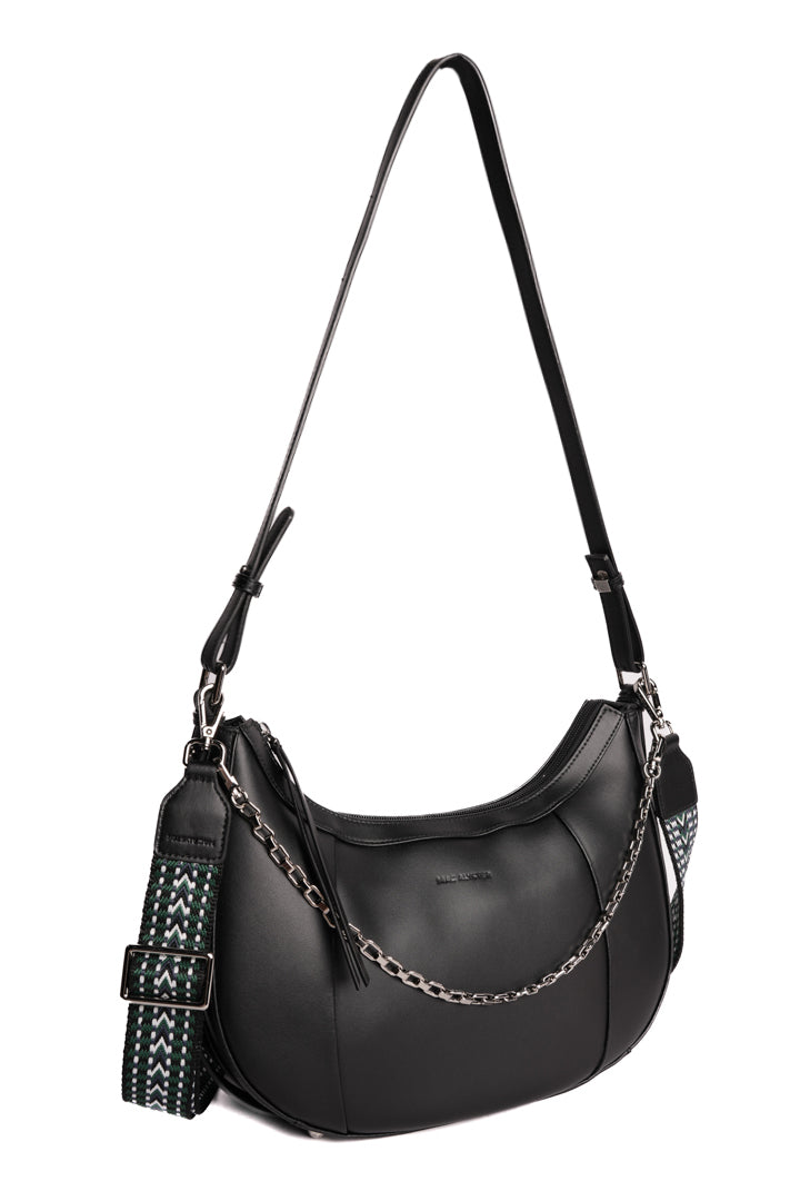 Sac demi-lune LOUNA pour femme en cuir NOIR de trois-quarts