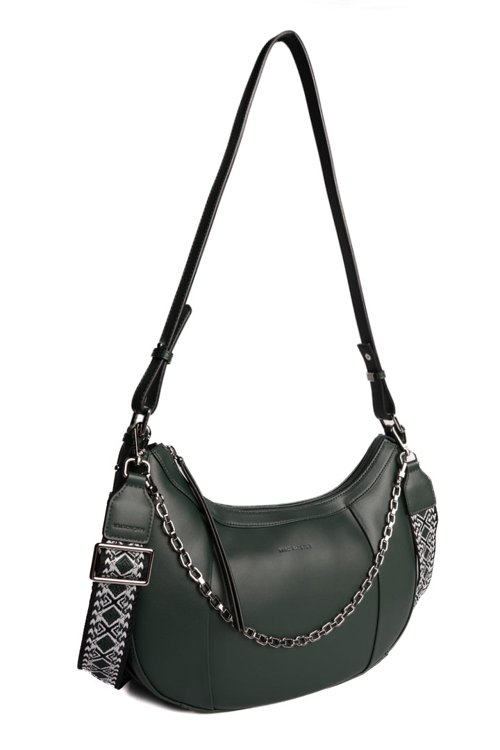 Sac demi-lune LOUNA pour femme en cuir VERT de trois-quarts