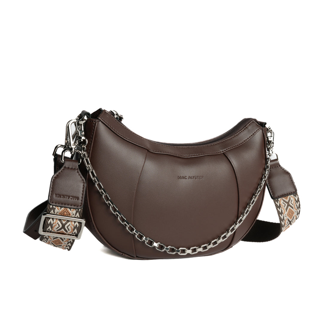 Sac croissant LOUNA pour femme en cuir MARRON de trois-quarts