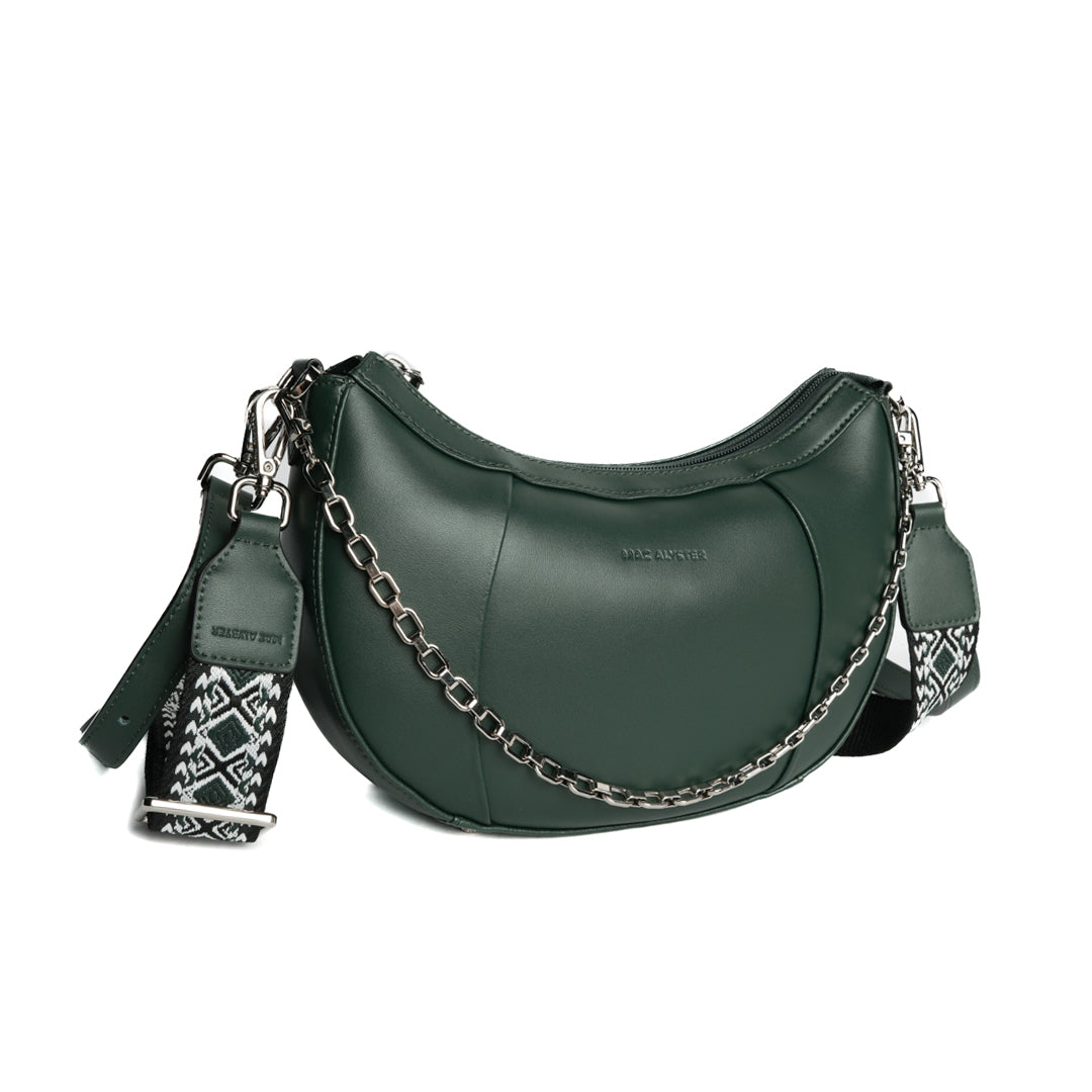 Sac croissant LOUNA pour femme en cuir VERT de trois-quarts