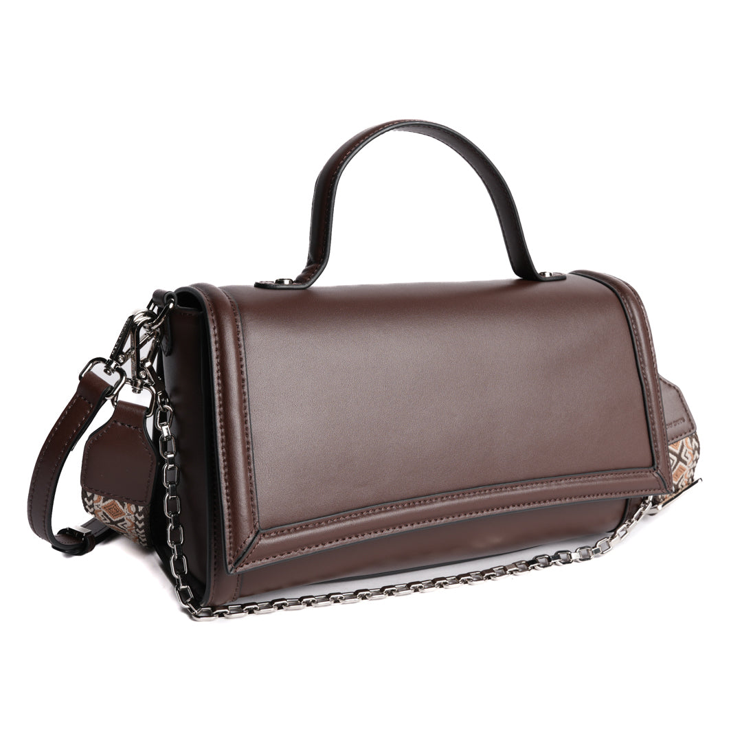 Sac baguette LOUNA en cuir MARRON de trois-quarts