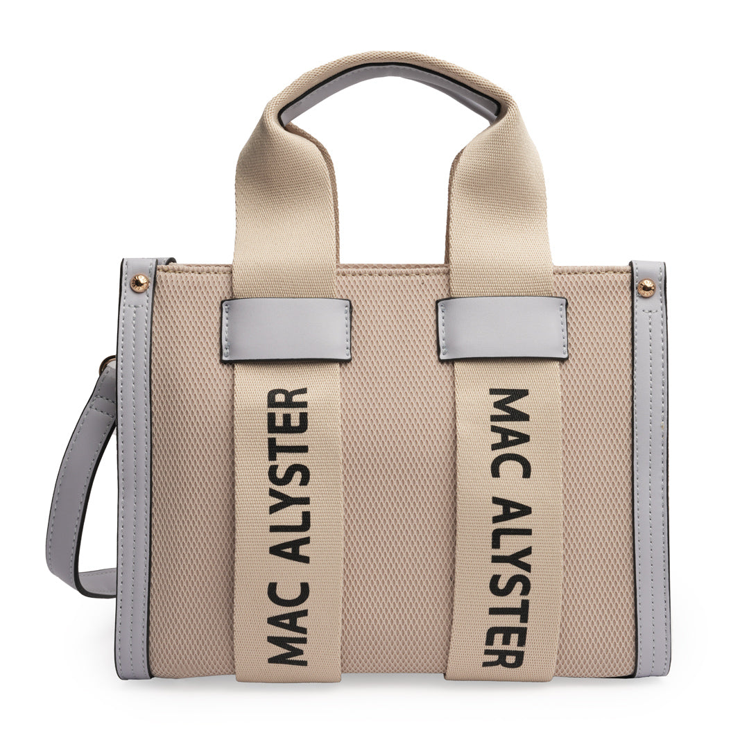 Sac à main Miss Clover Mac Alyster en synthétique coloris lavande, fermeture zippée, poignées 14 cm et accessoires dorés, vue de face.