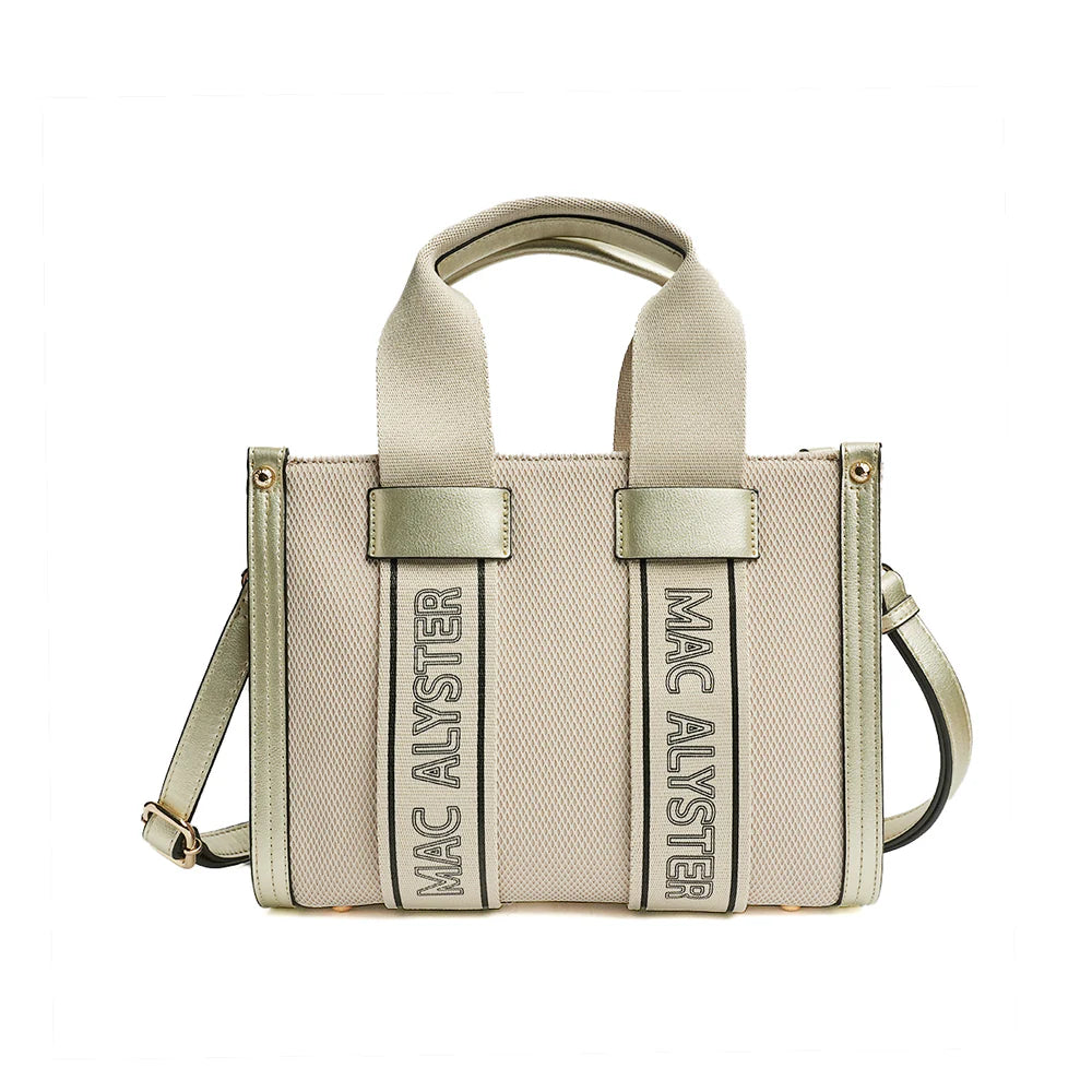 Sac à main Miss Clover Mac Alyster en synthétique coloris champagne, fermeture zippée, poignées 14 cm et accessoires dorés, vue de dos.