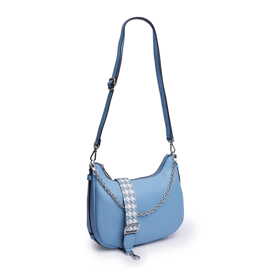 sac demi-lune MILAN en cuir synthétique BLEU de trois-quarts