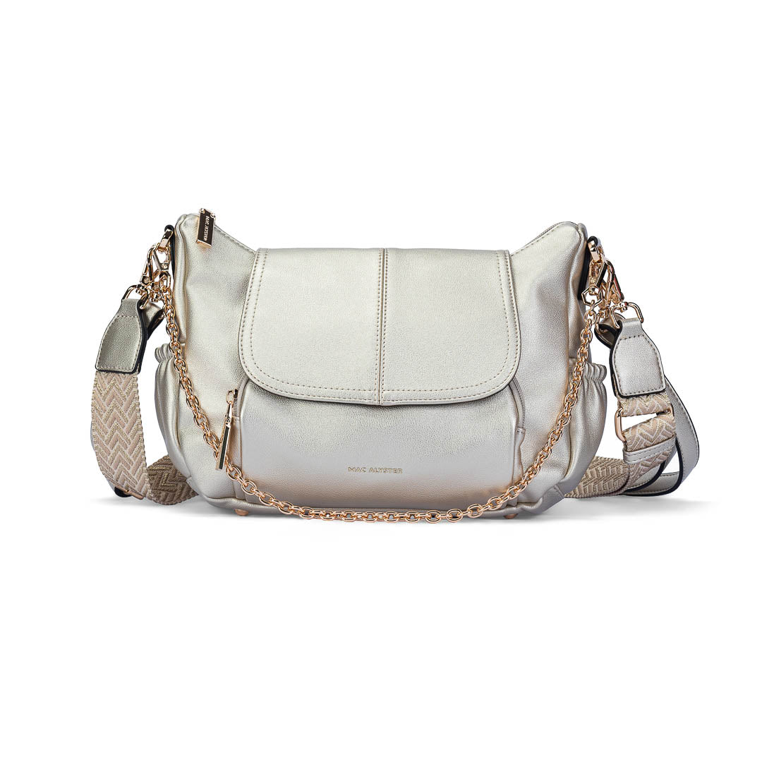 Sac bandoulière Milan Mac Alyster doré à rabat avec boucle dorée et bandoulière réglable