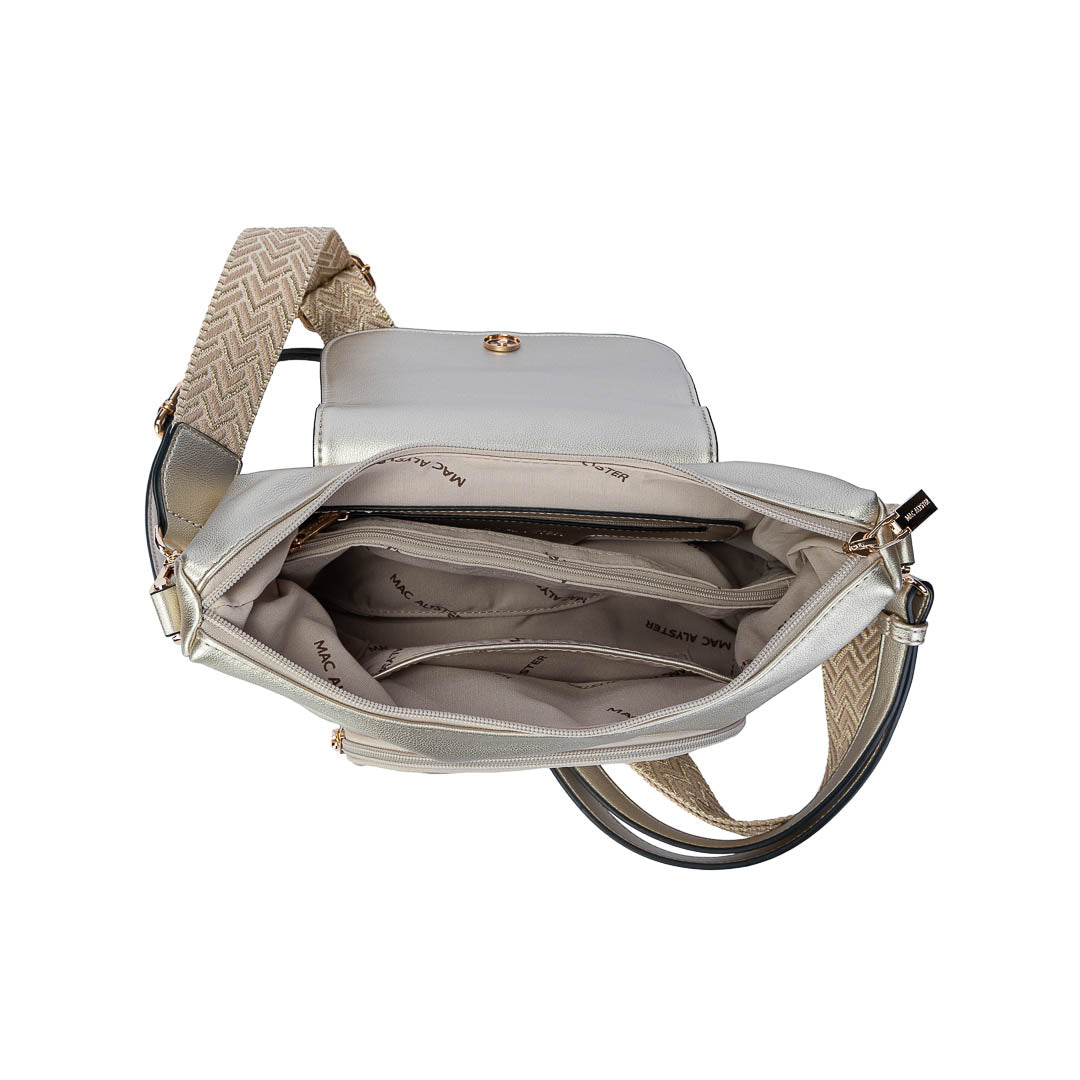 Sac bandoulière Milan Mac Alyster doré à rabat avec boucle dorée et bandoulière réglable