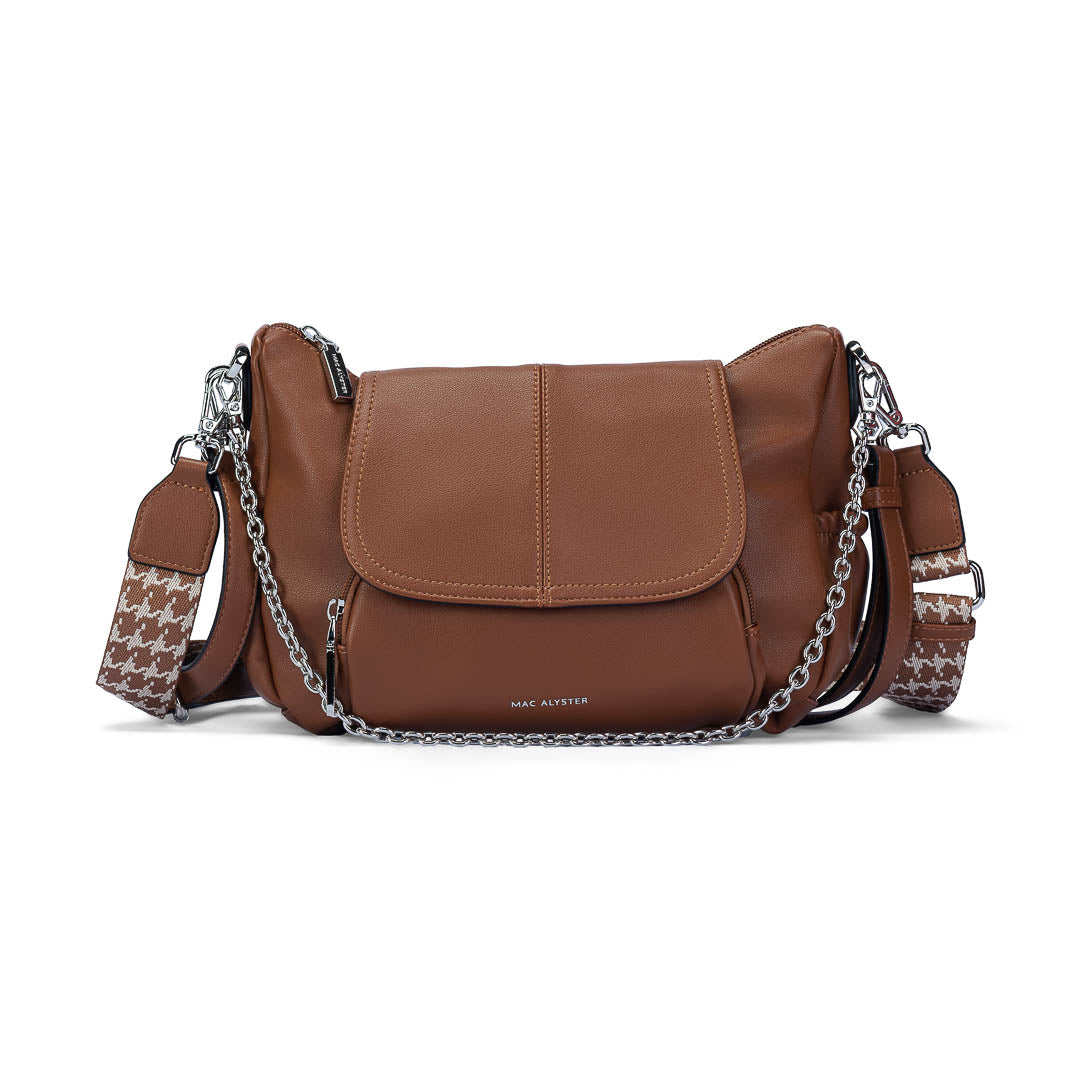 Sac bandoulière Milan Mac Alyster marron à rabat avec boucle dorée et bandoulière réglable