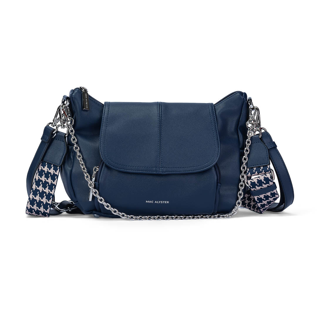 Sac bandoulière Milan Mac Alyster bleu à rabat avec boucle dorée et bandoulière réglable