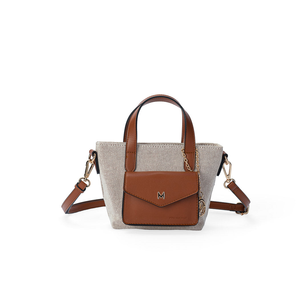 Petit sac à main Miss Bohème lin cognac, porté main et travers, toile structurée finitions dorées
