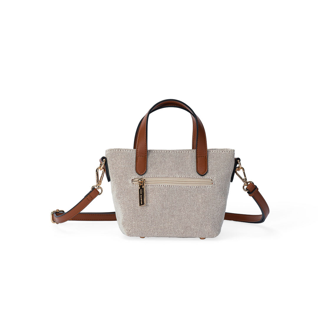 Petit sac à main Miss Bohème lin cognac, porté main et travers, toile structurée finitions dorées