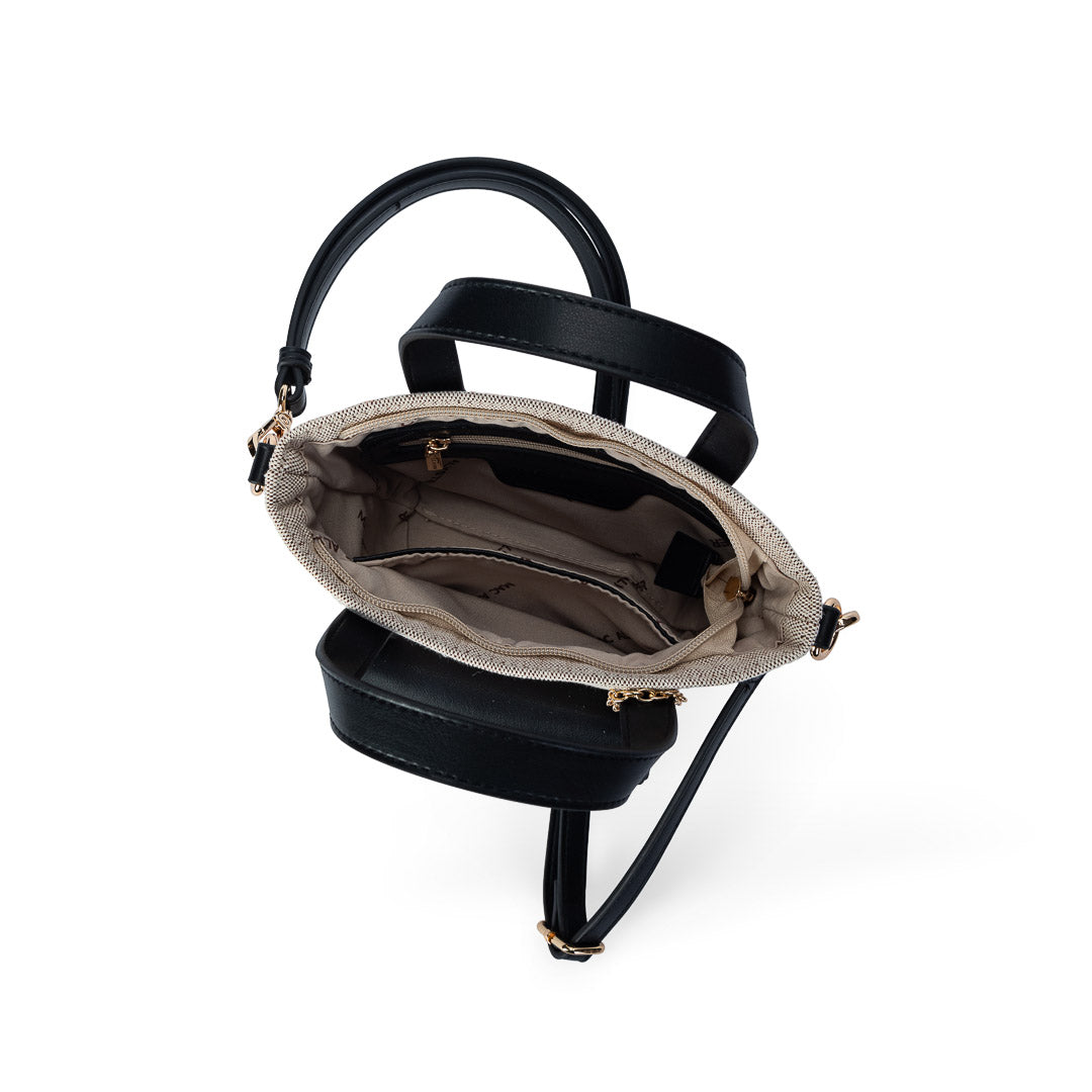 Petit sac à main Miss Bohème lin noir, bandoulière réglable 30–60 cm, fermeture zippée, finitions dorées
