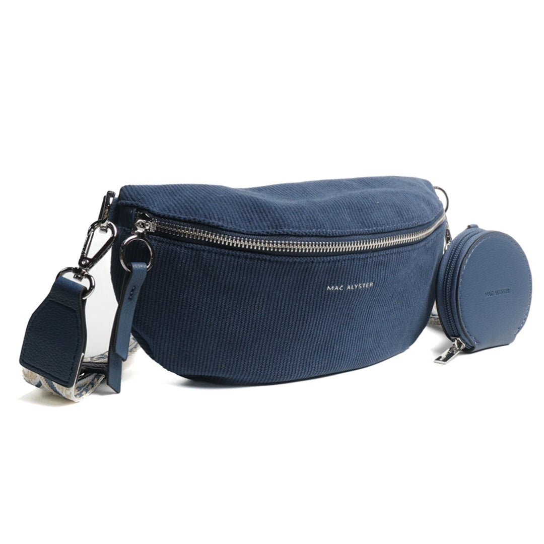 Sac banane VELOURS en cuir synthétique BLEU de trois-quarts