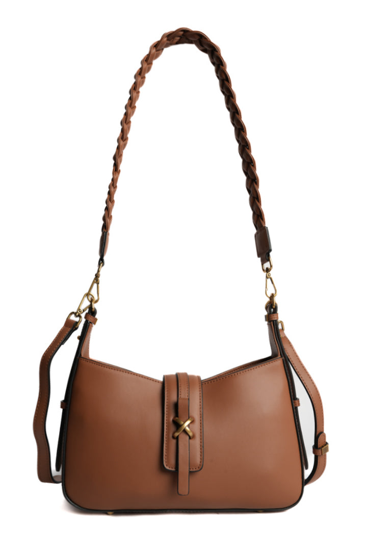 Sac baguette CAROLINE pour femme en cuir COGNAC de face