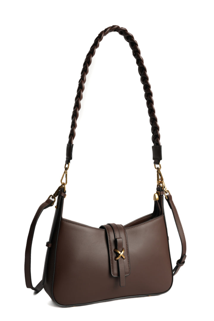 Sac baguette CAROLINE pour femme en cuir CHOCOLAT de trois-quarts