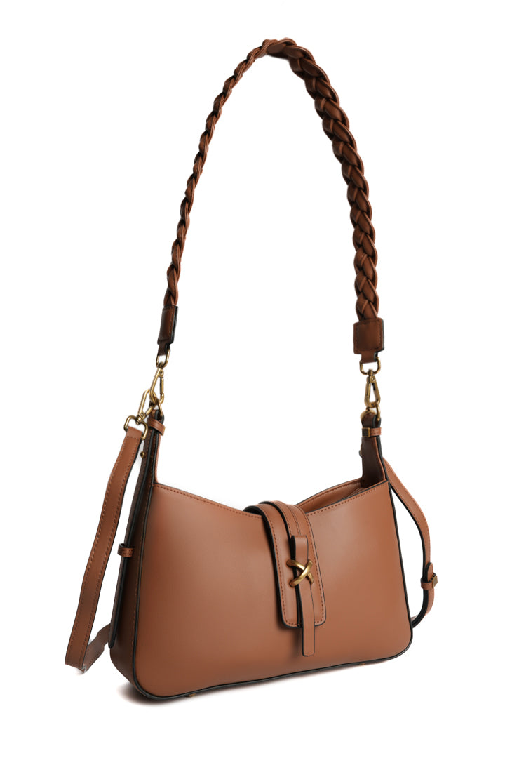 Sac baguette CAROLINE pour femme en cuir COGNAC de trois-quarts