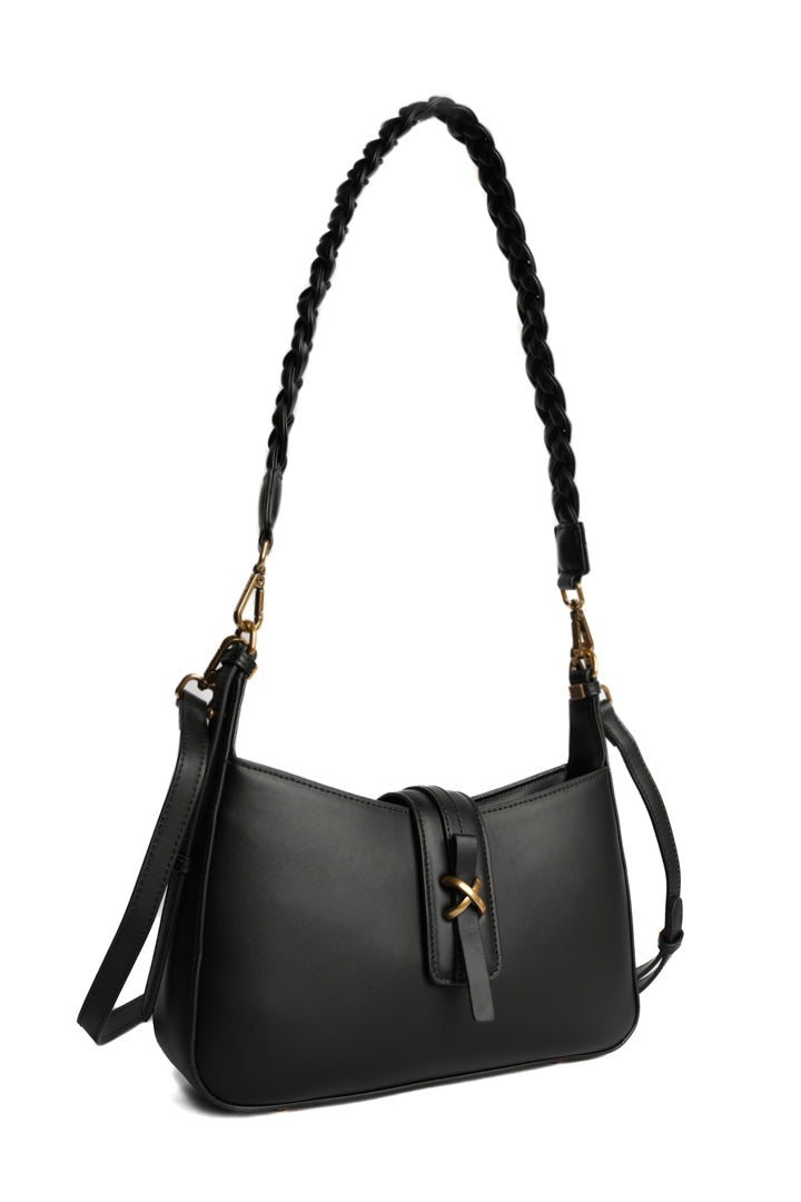 Sac baguette CAROLINE pour femme en cuir NOIR de trois-quarts