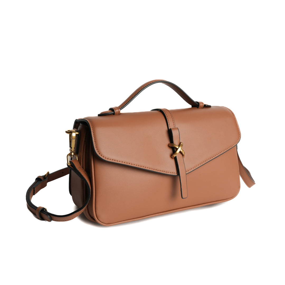 Sac porté main CAROLINE pour femme en cuir COGNAC de trois-quarts