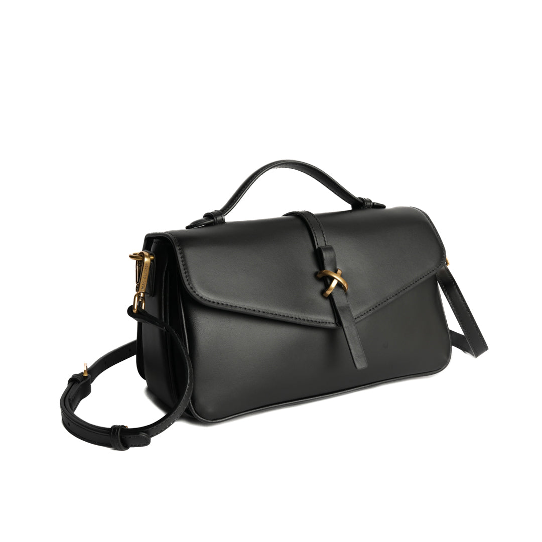 Sac porté main CAROLINE pour femme en cuir NOIR de trois-quarts