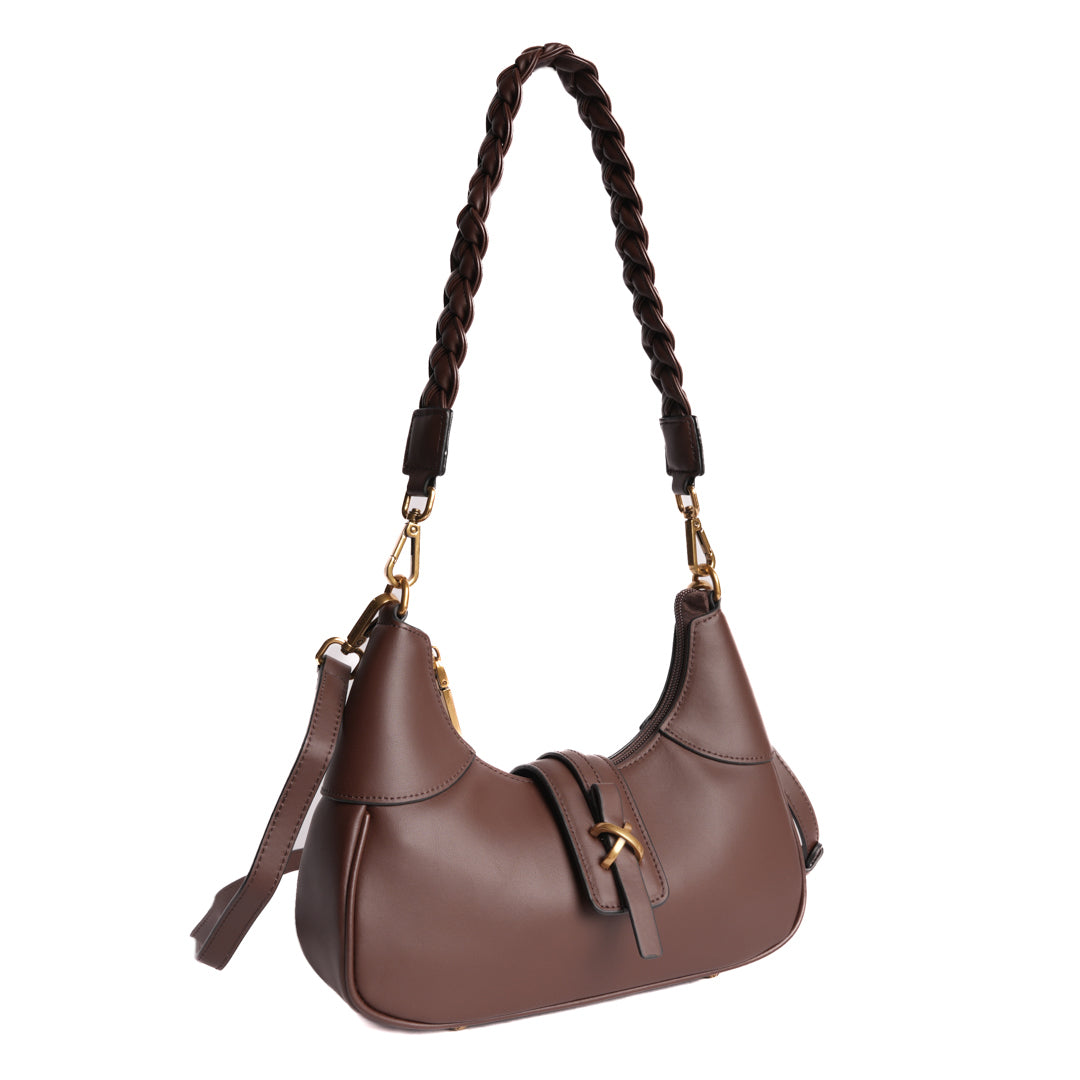 Sac porté épaule CAROLINE pour femme en cuir CHOCOLAT de trois-quarts