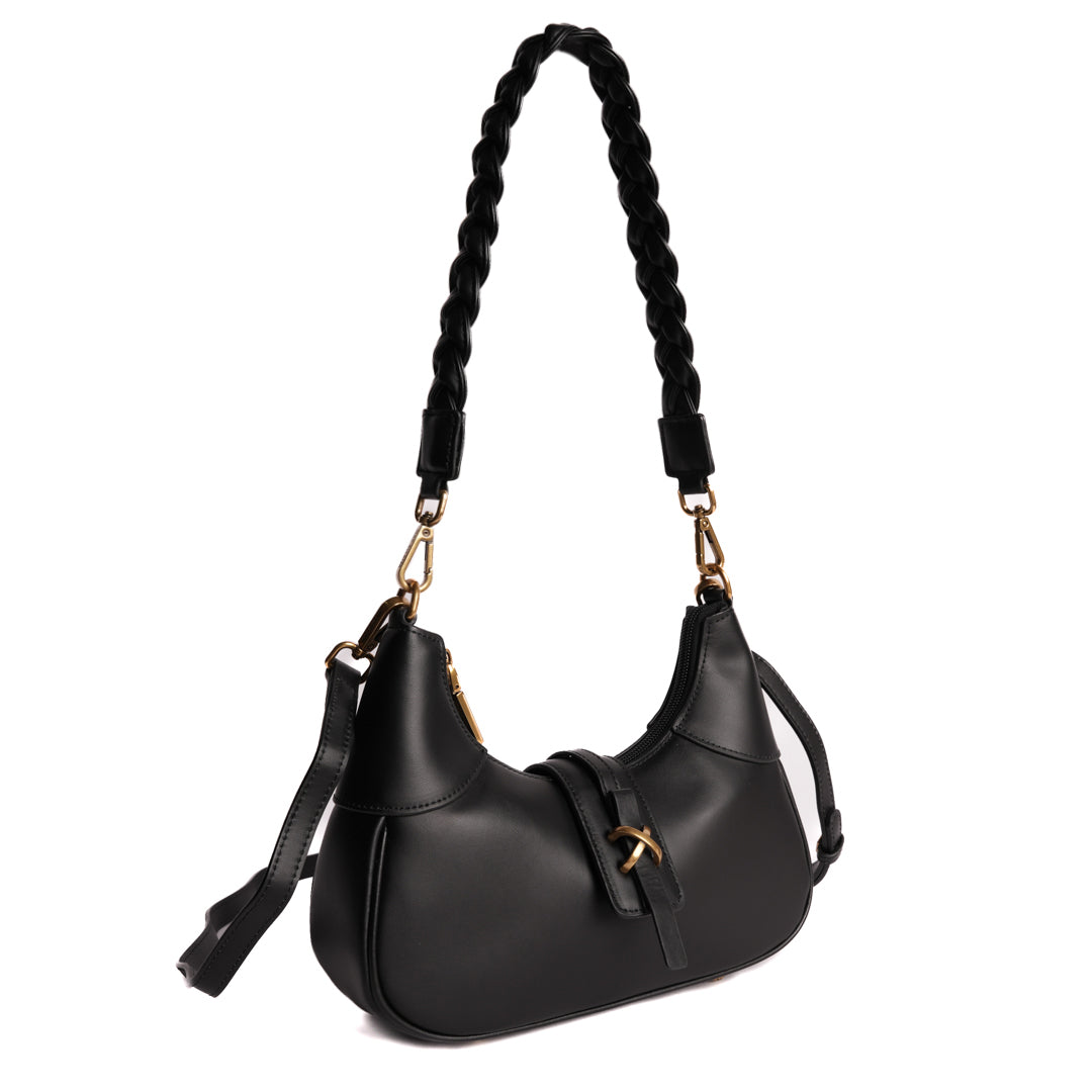 Sac porté épaule CAROLINE pour femme en cuir NOIR de trois-quarts