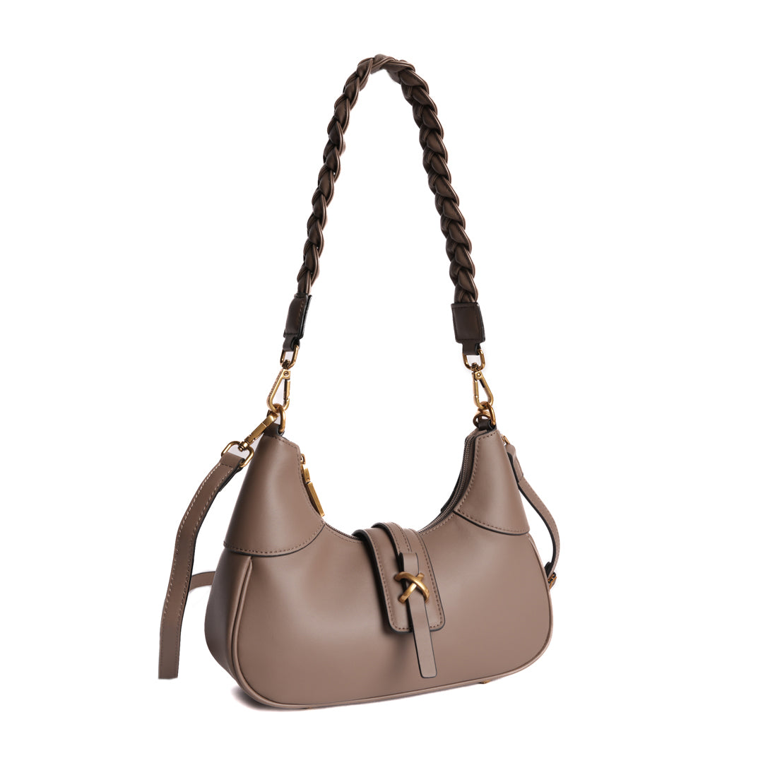 Sac porté épaule CAROLINE pour femme en cuir TAUPE de trois-quarts