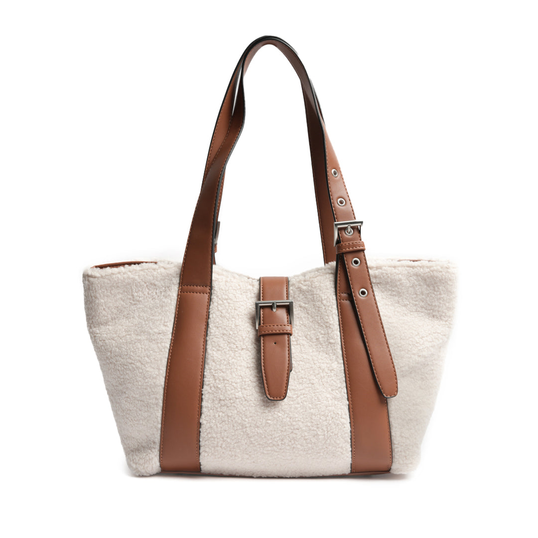 Sac shopping INSOUCIANTE pour femme en façon mouton COGNAC de face