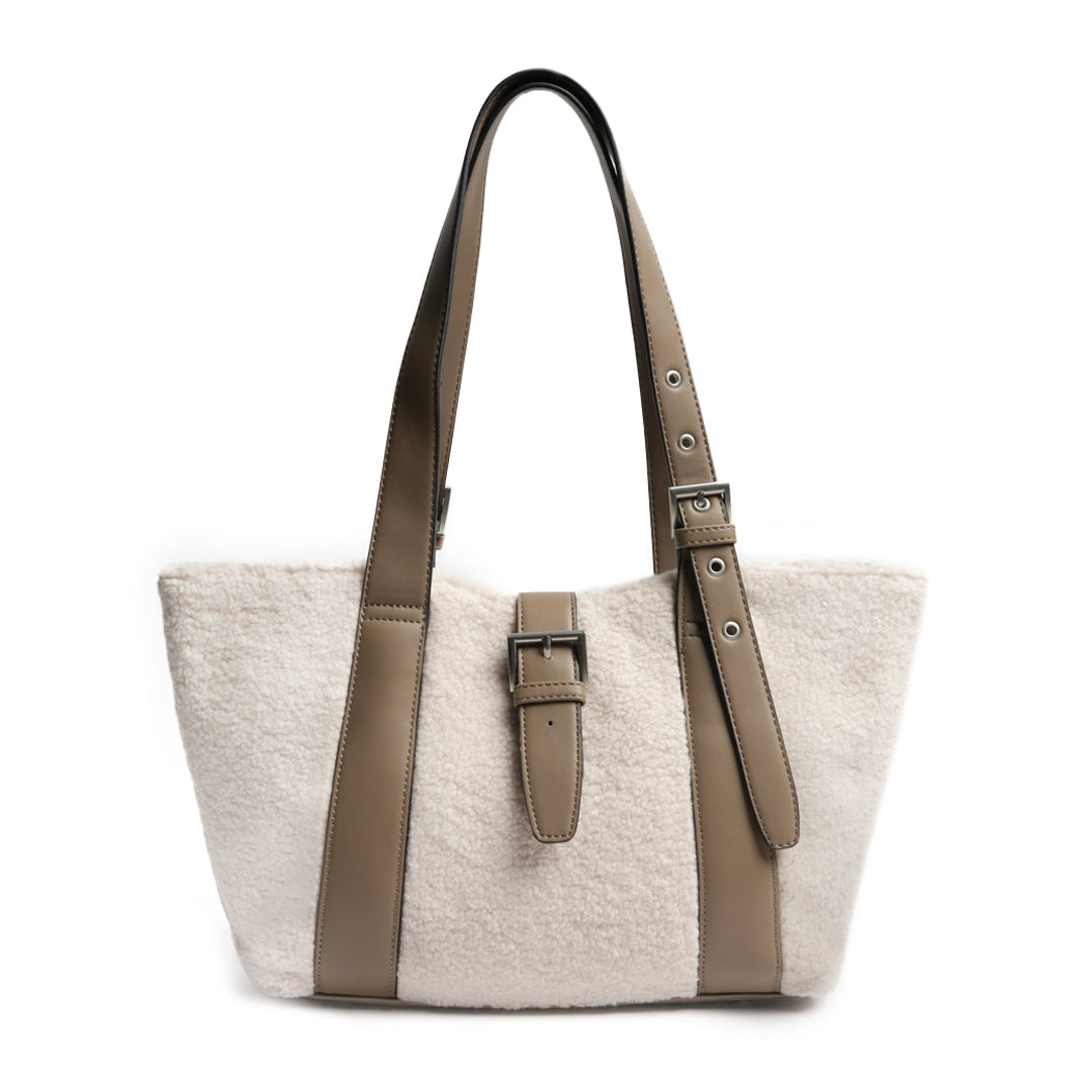 Sac shopping INSOUCIANTE pour femme en façon mouton TAUPE de face