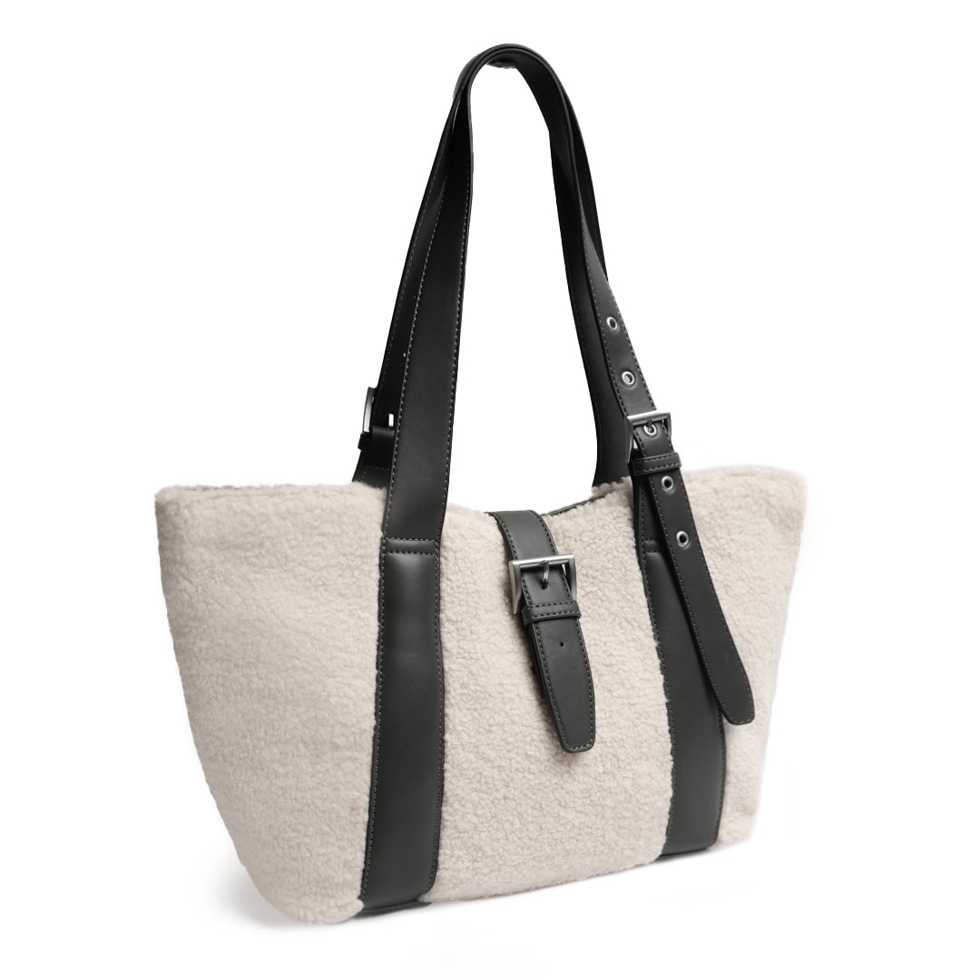 Sac shopping INSOUCIANTE pour femme en façon mouton GRIS de trois-quarts