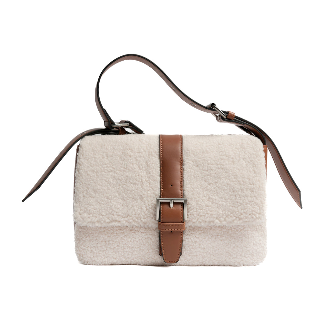 Sac porté épaule INSOUCIANTE pour femme en façon mouton COGNAC de face