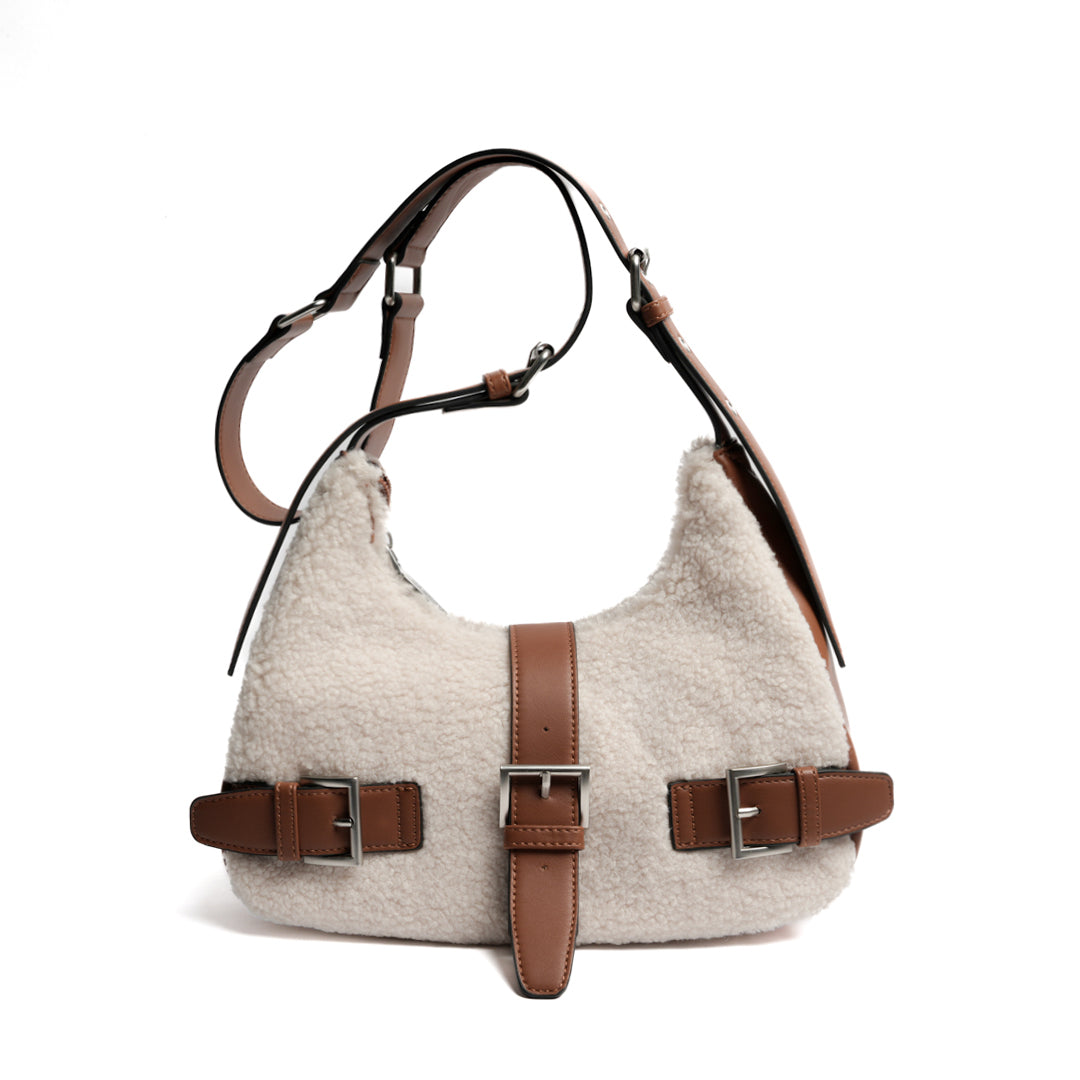 Sac porté travers INSOUCIANTE pour femme en façon mouton COGNAC de face