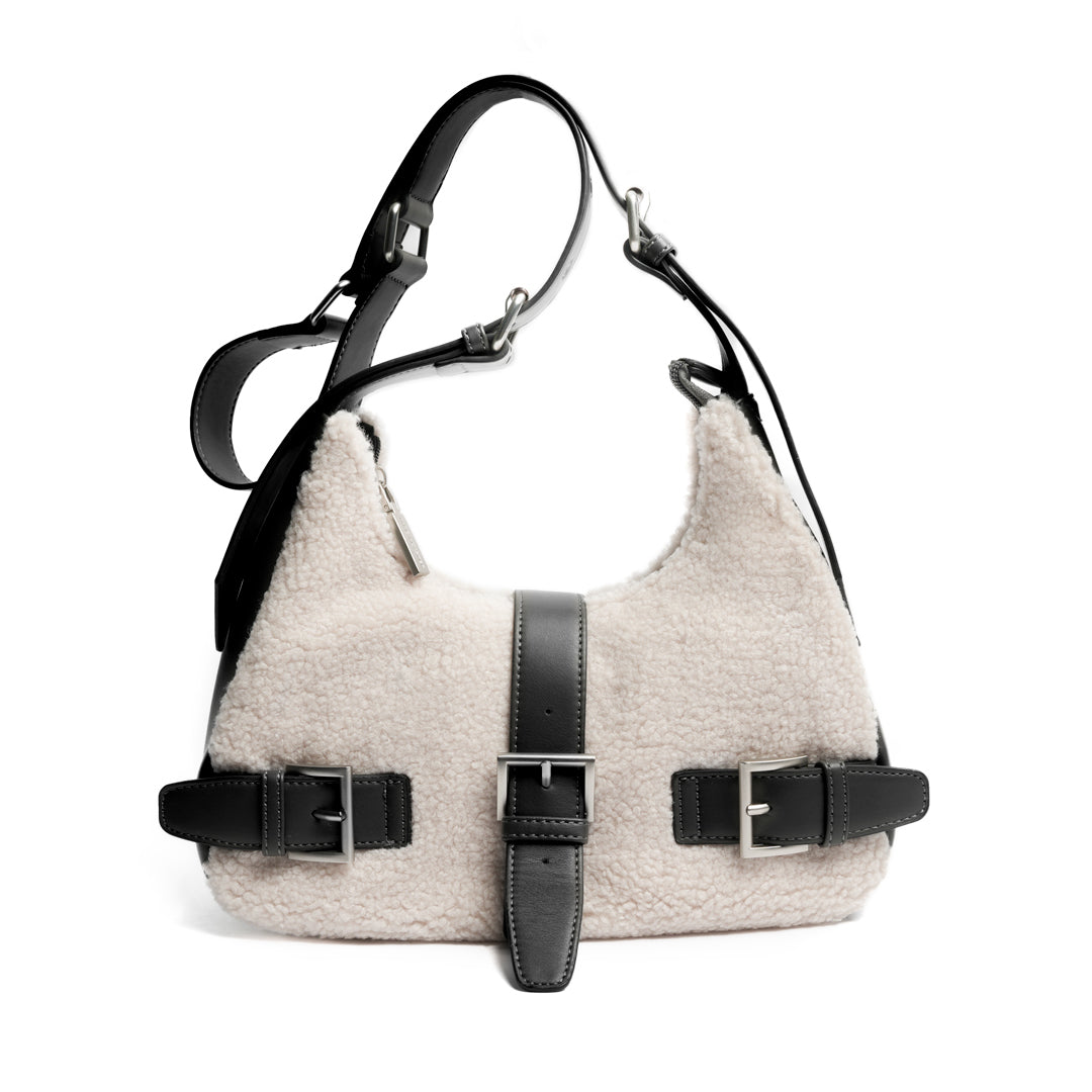 Sac porté travers INSOUCIANTE pour femme en façon mouton GRIS de face