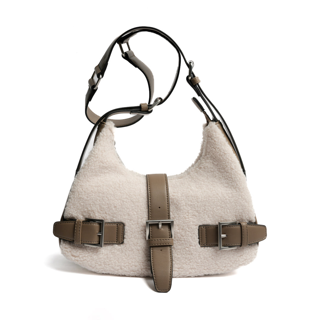 Sac porté travers INSOUCIANTE pour femme en façon mouton TAUPE de face