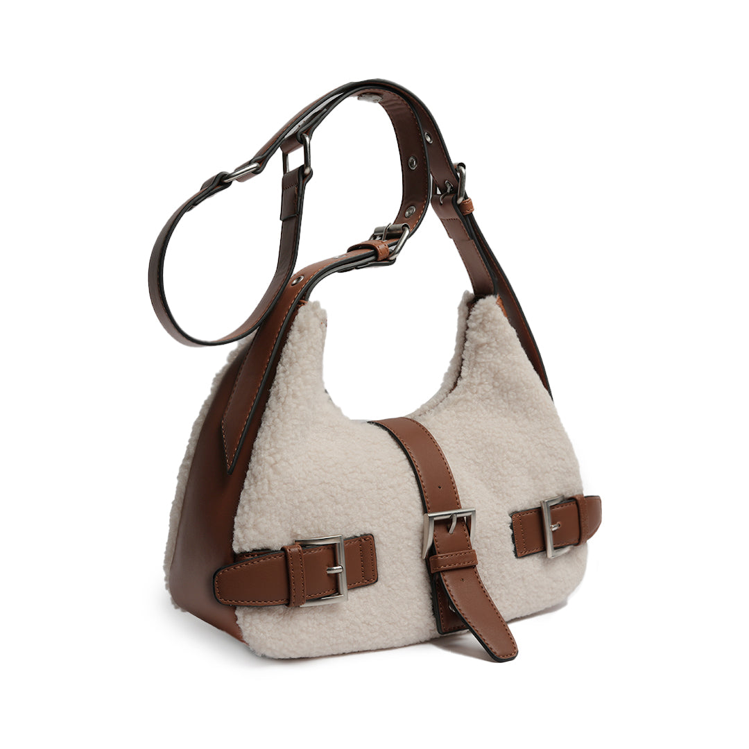 Sac porté travers INSOUCIANTE pour femme en façon mouton COGNAC de haut