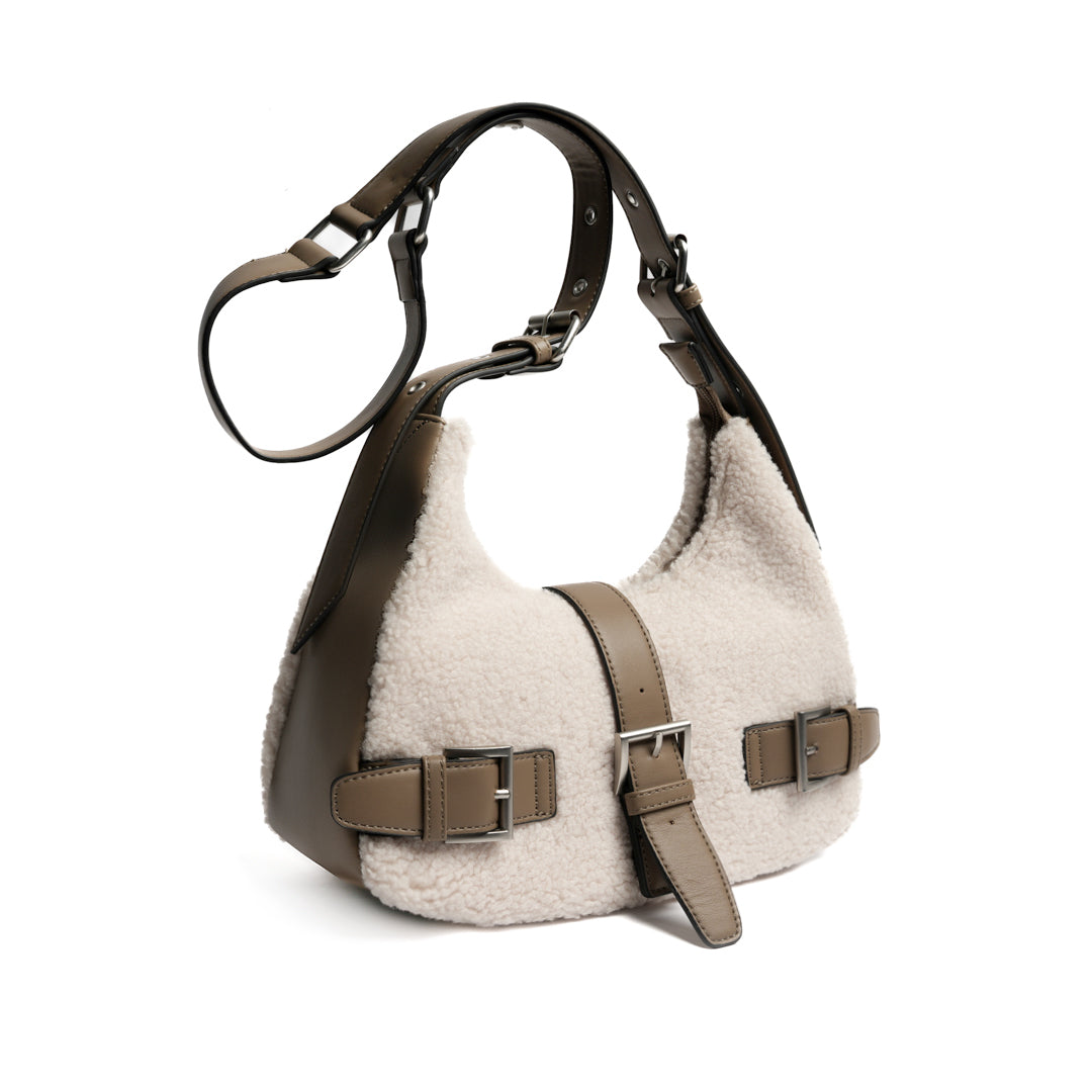 Sac porté travers INSOUCIANTE pour femme en façon mouton TAUPE de haut