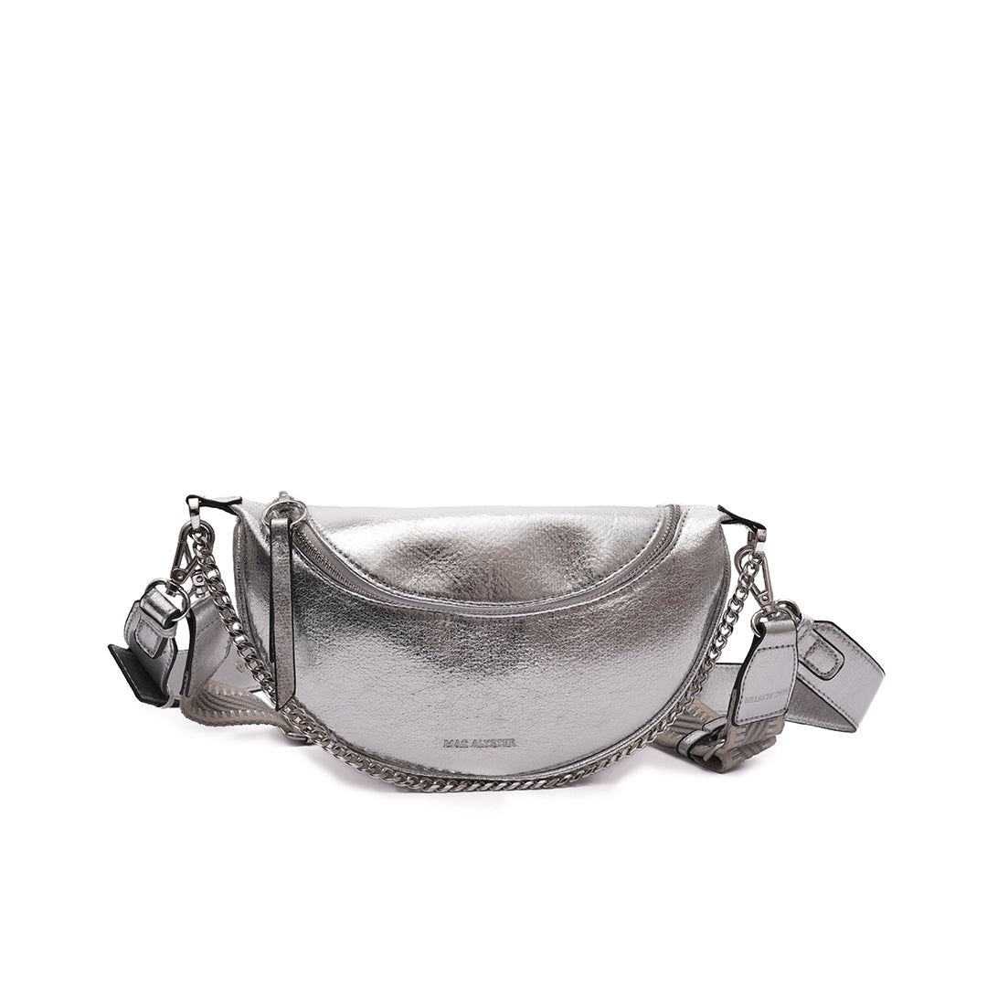 Sac BANANE 03 en cuir synthétique argent irisé de face