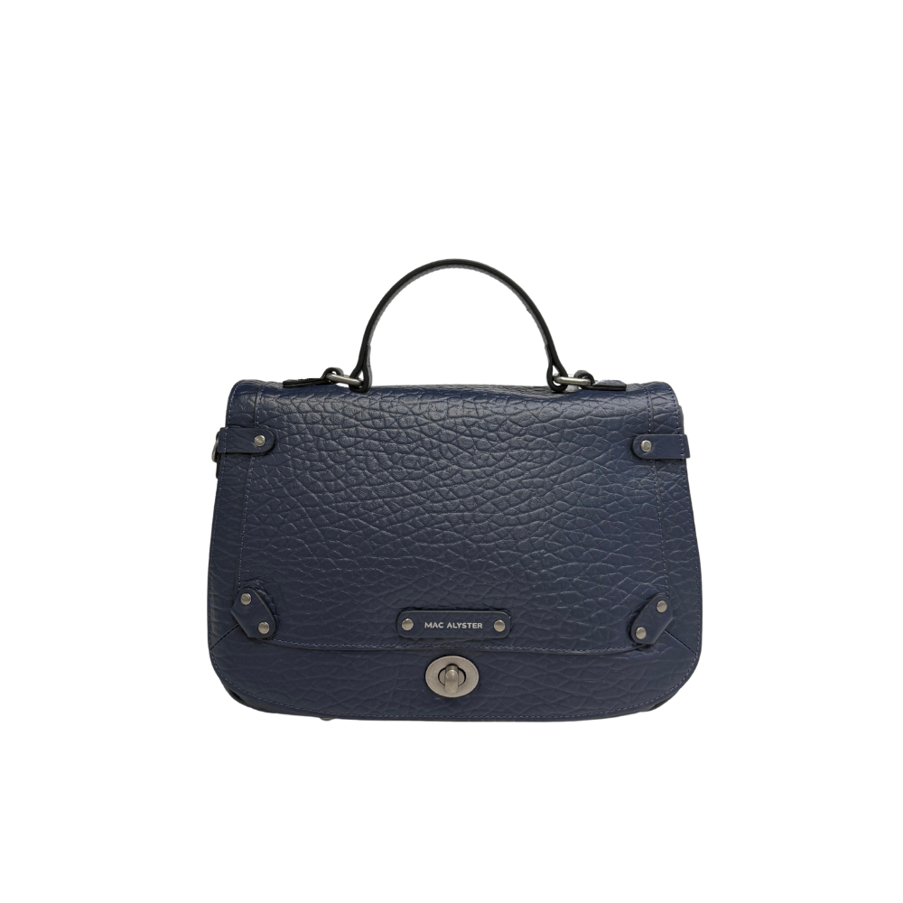 Sac porté main en cuir bleu marine CAMILLE par Mac Alyster avec fermoir rotatif et poignée noire