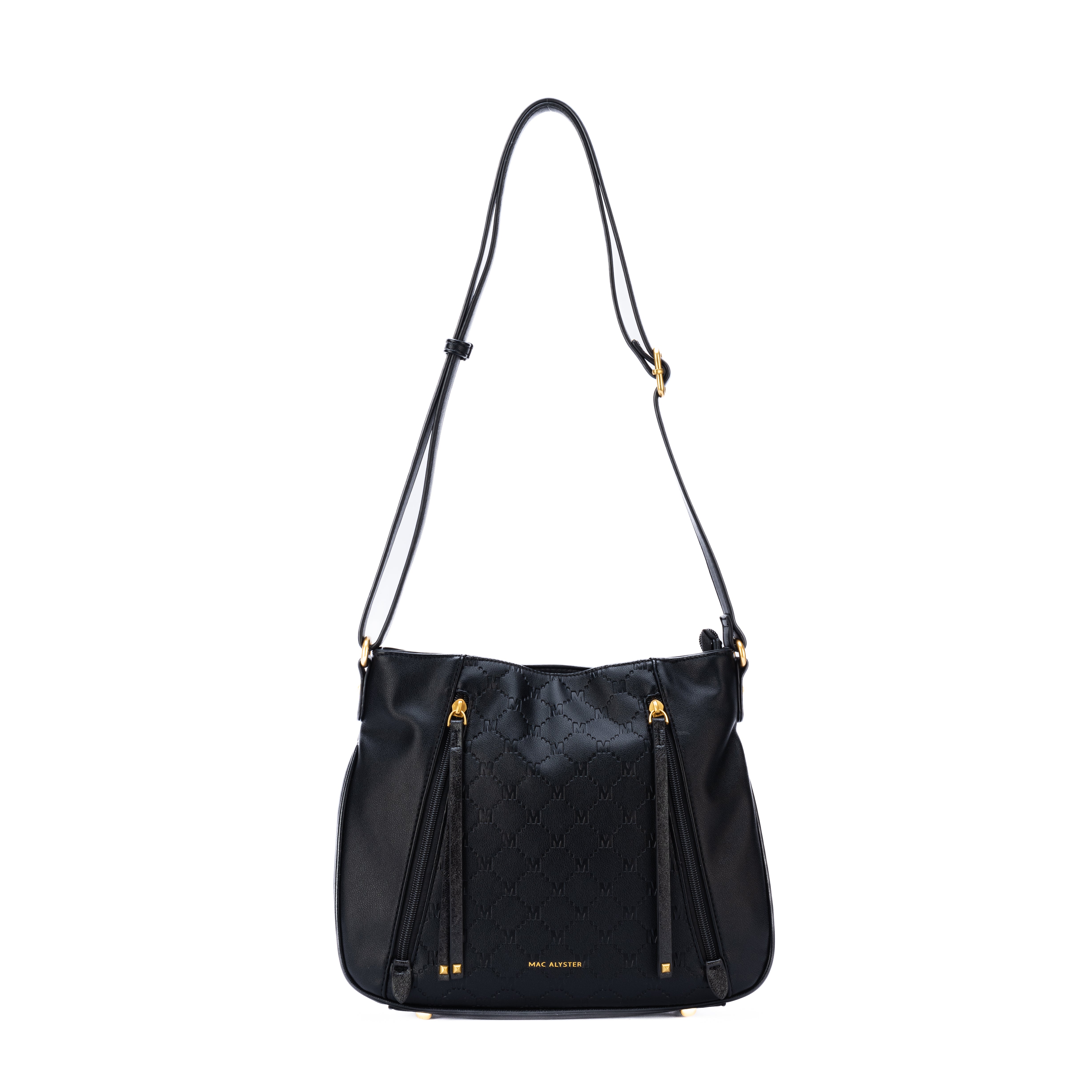 Sac besace noir MONOGRAM par Mac Alyster avec motif monogramme embossé, deux zips verticaux décoratifs et détails dorés