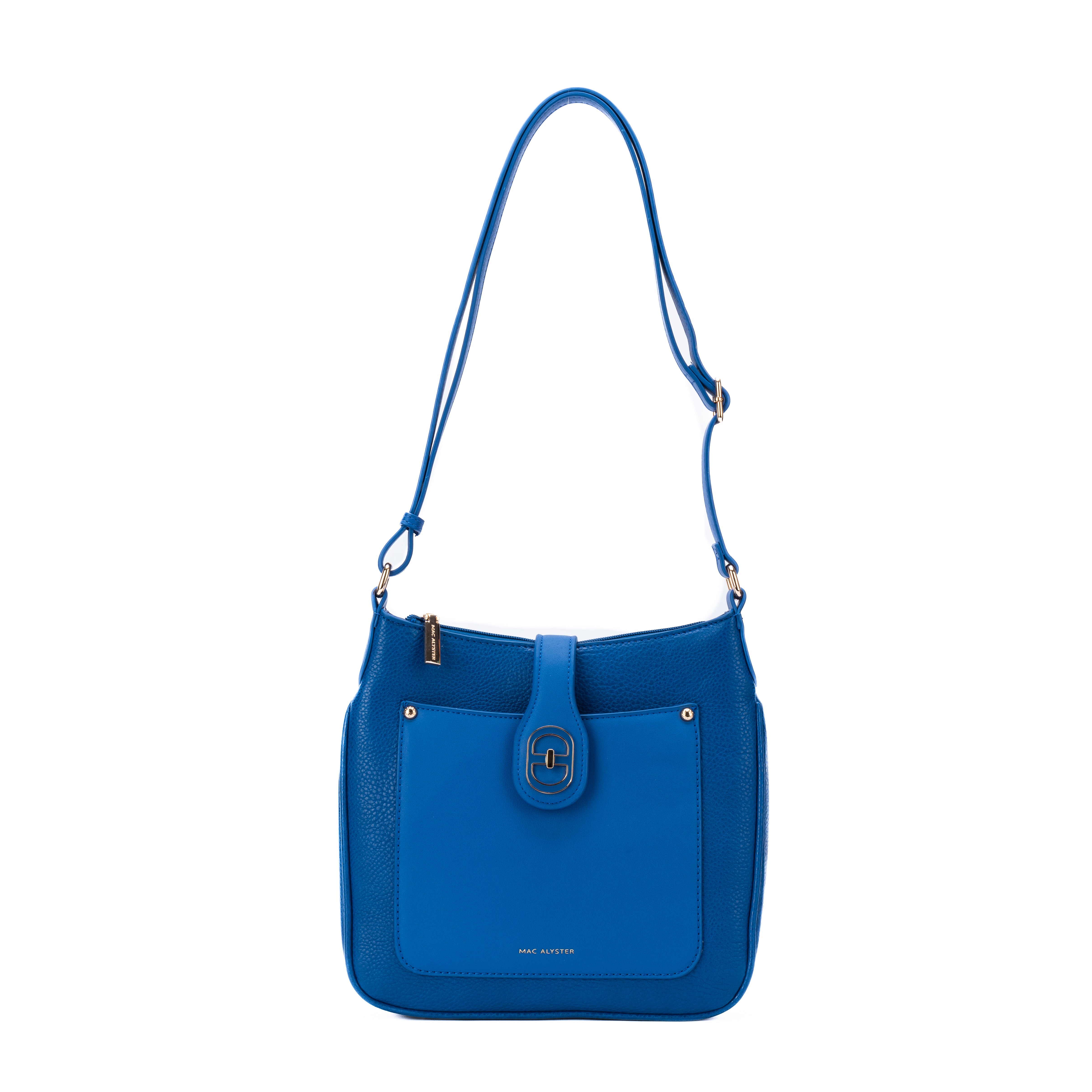 Sac à rabat et bandoulière bleu électrique INSPIRATION par Mac Alyster avec fermoir graphique et détails dorés