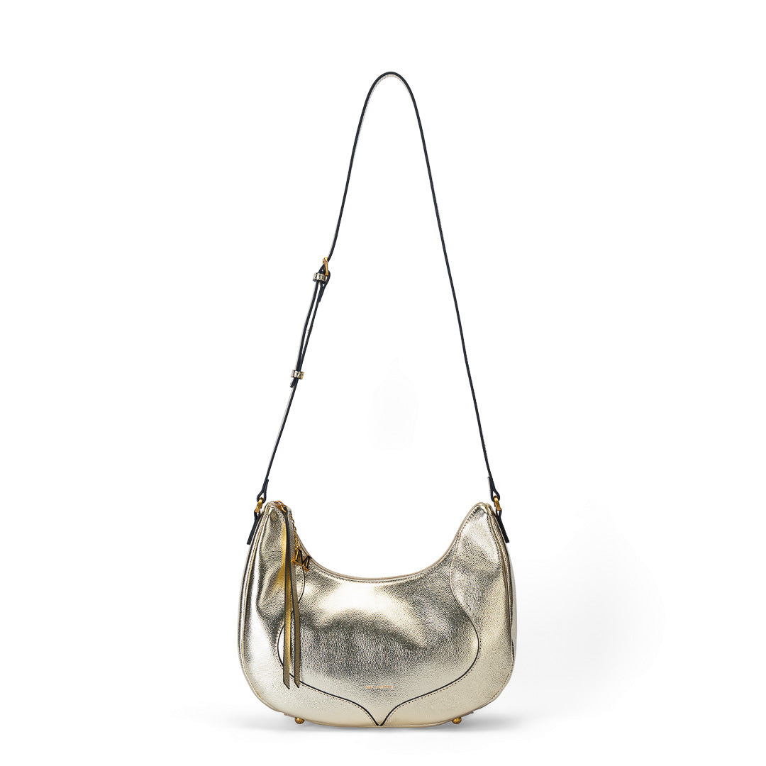 Grand sac demi-lune Inès cuir de vachette doré champagne, bandoulière réglable, finitions dorées