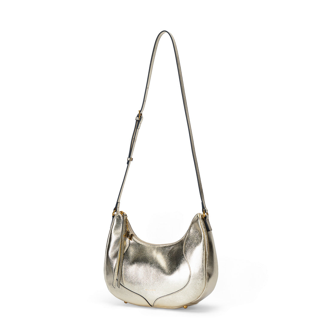Grand sac demi-lune Inès cuir de vachette doré champagne, bandoulière réglable, finitions dorées