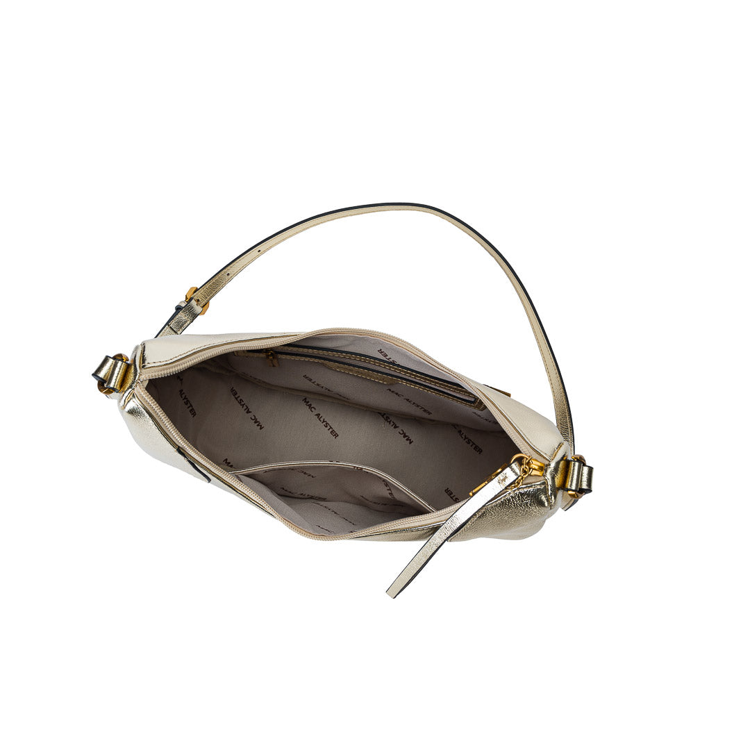 Grand sac demi-lune Inès cuir de vachette doré champagne, bandoulière réglable, finitions dorées