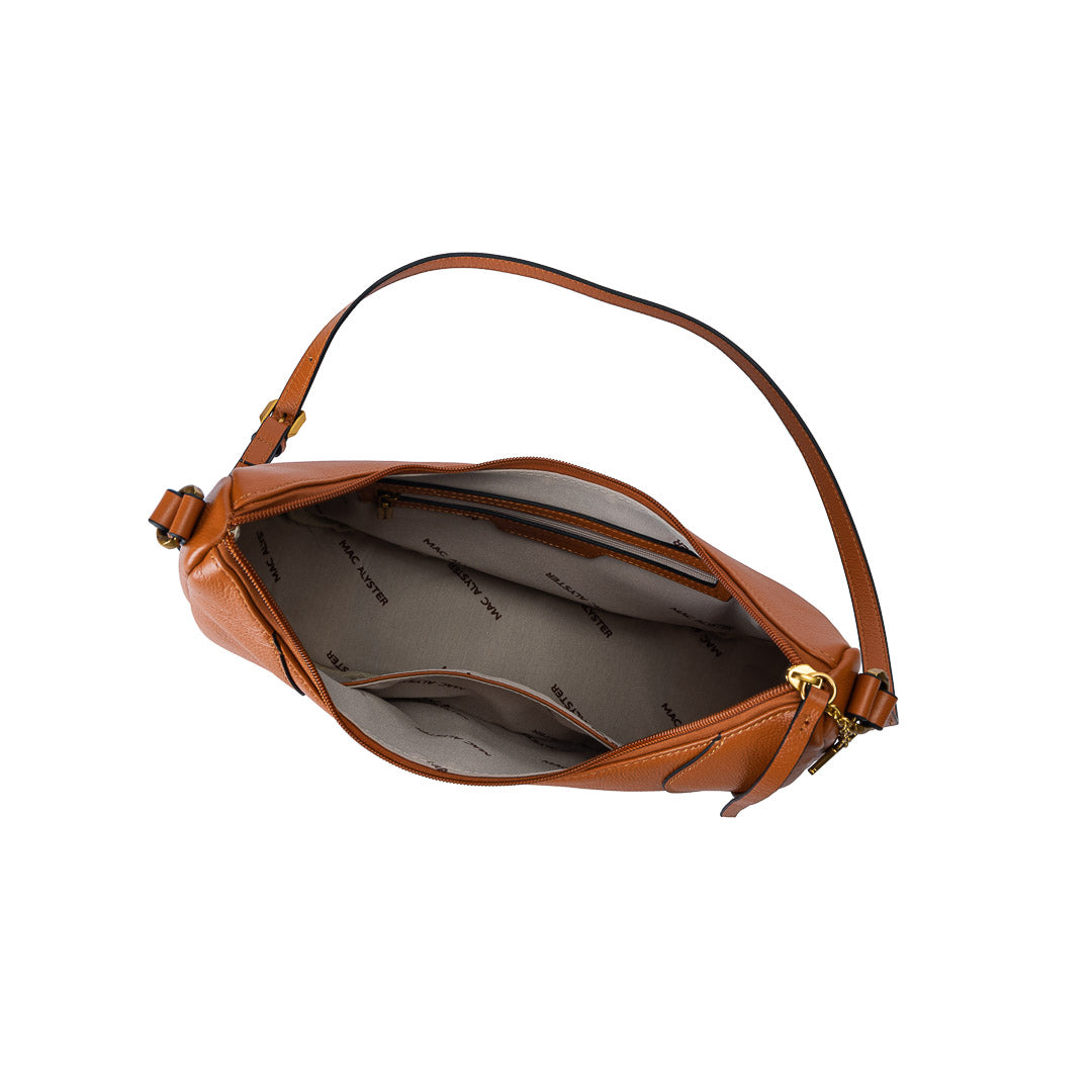 Grand sac demi-lune Inès cuir de vachette cognac, bandoulière réglable 30–60 cm, finitions dorées