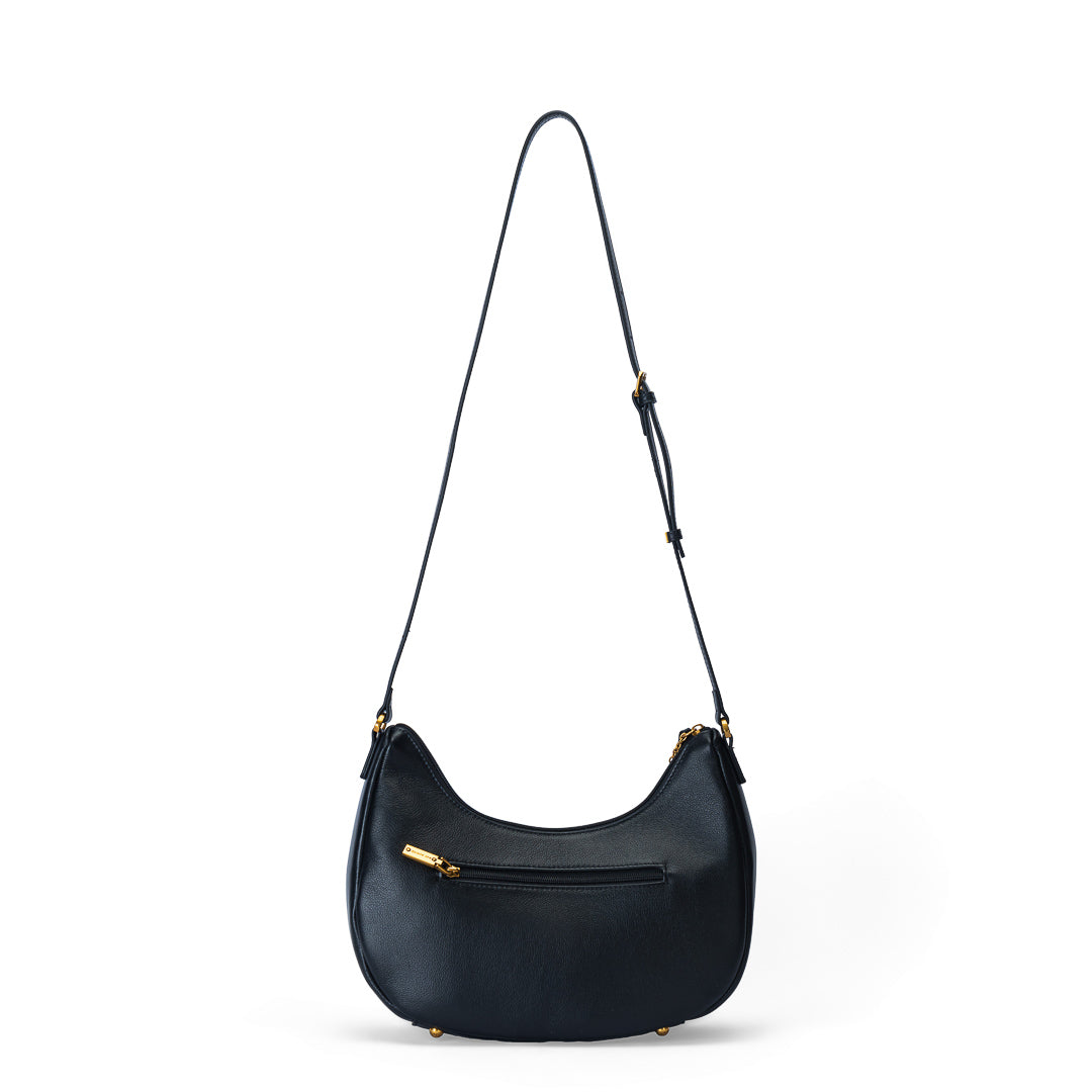 Grand sac demi-lune Inès cuir de vachette noir, fermeture zippée, porté travers finitions dorées