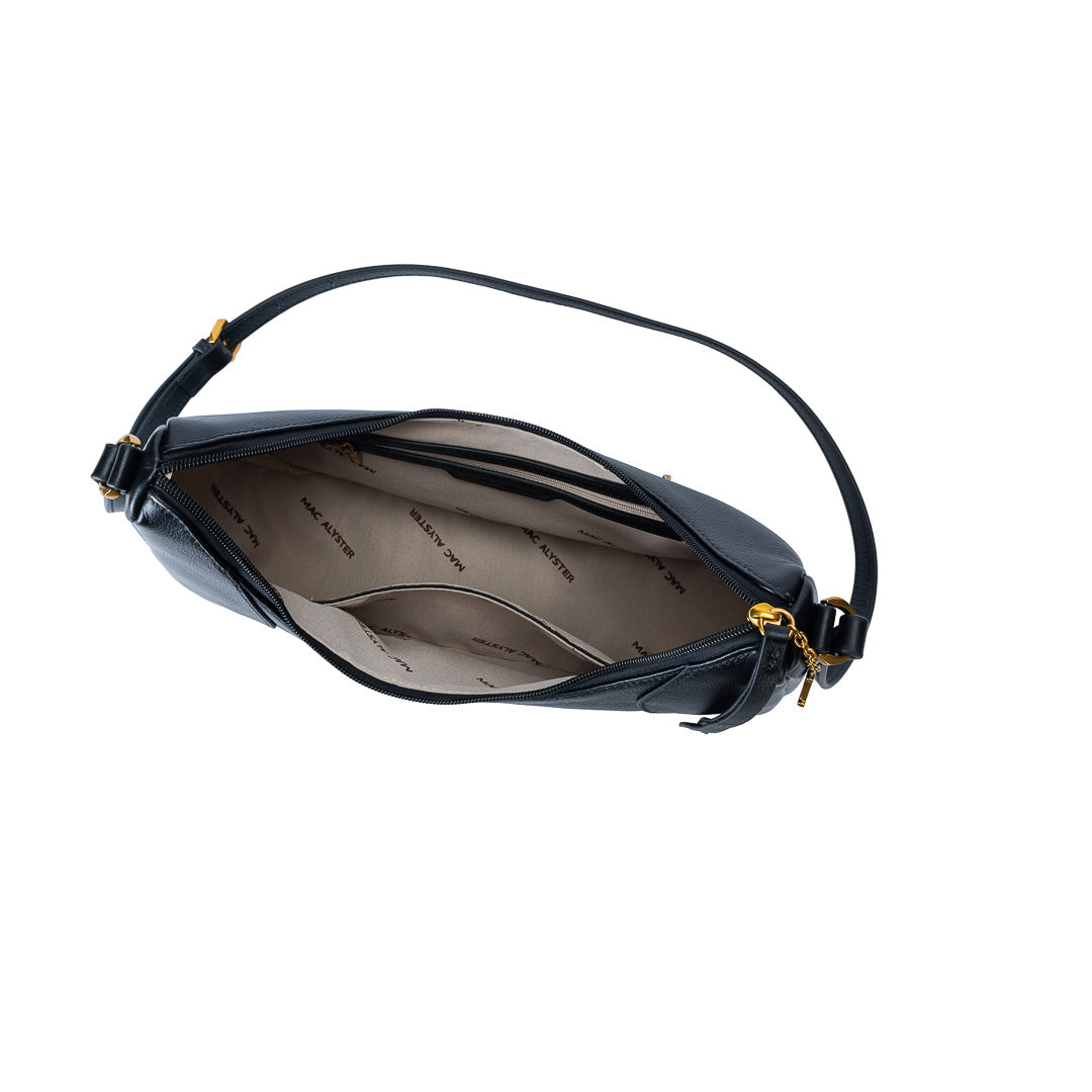 Grand sac demi-lune Inès cuir de vachette noir, fermeture zippée, porté travers finitions dorées