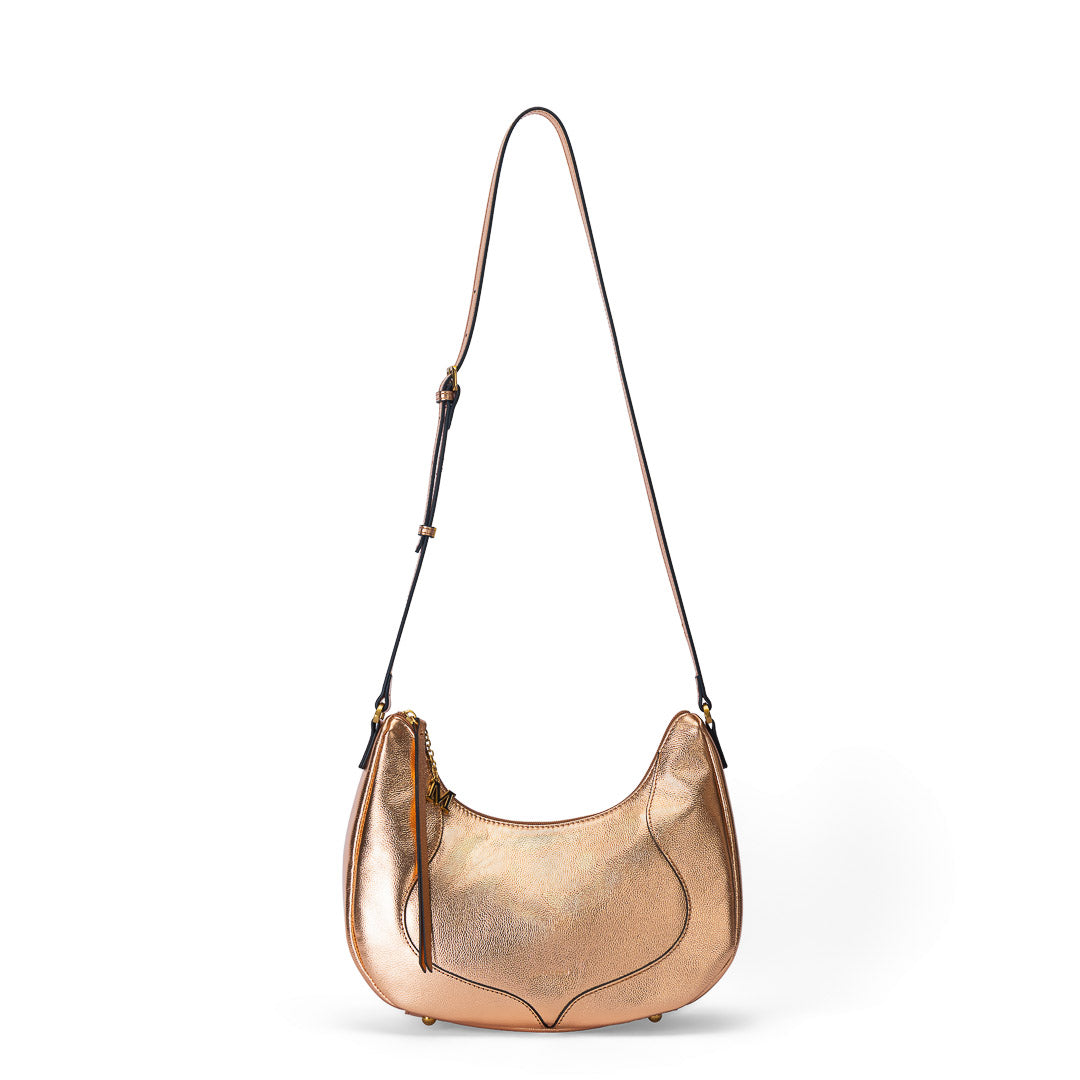 Grand sac demi-lune Inès cuir de vachette rose gold, porté travers élégant, finitions dorées