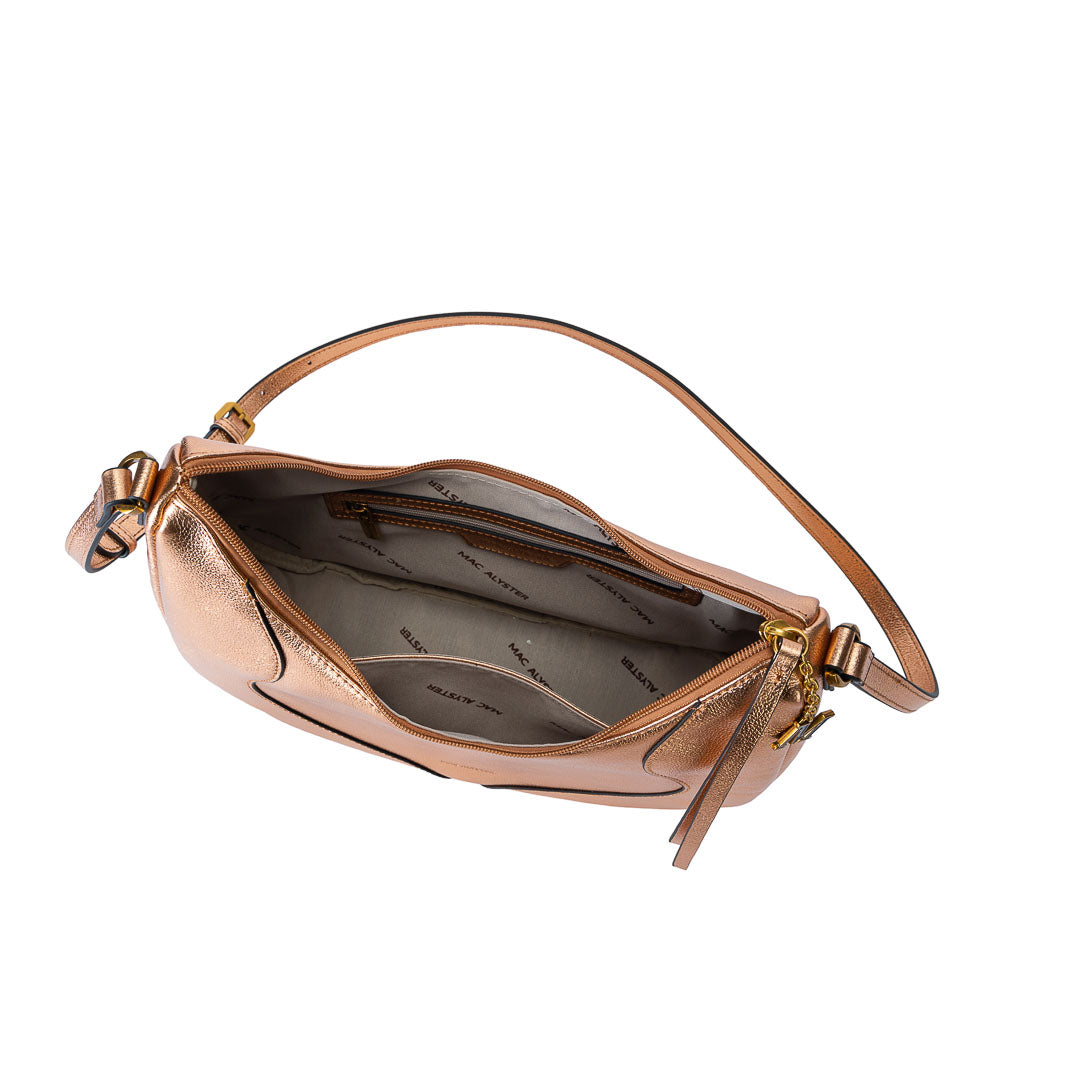 Grand sac demi-lune Inès cuir de vachette rose gold, porté travers élégant, finitions dorées