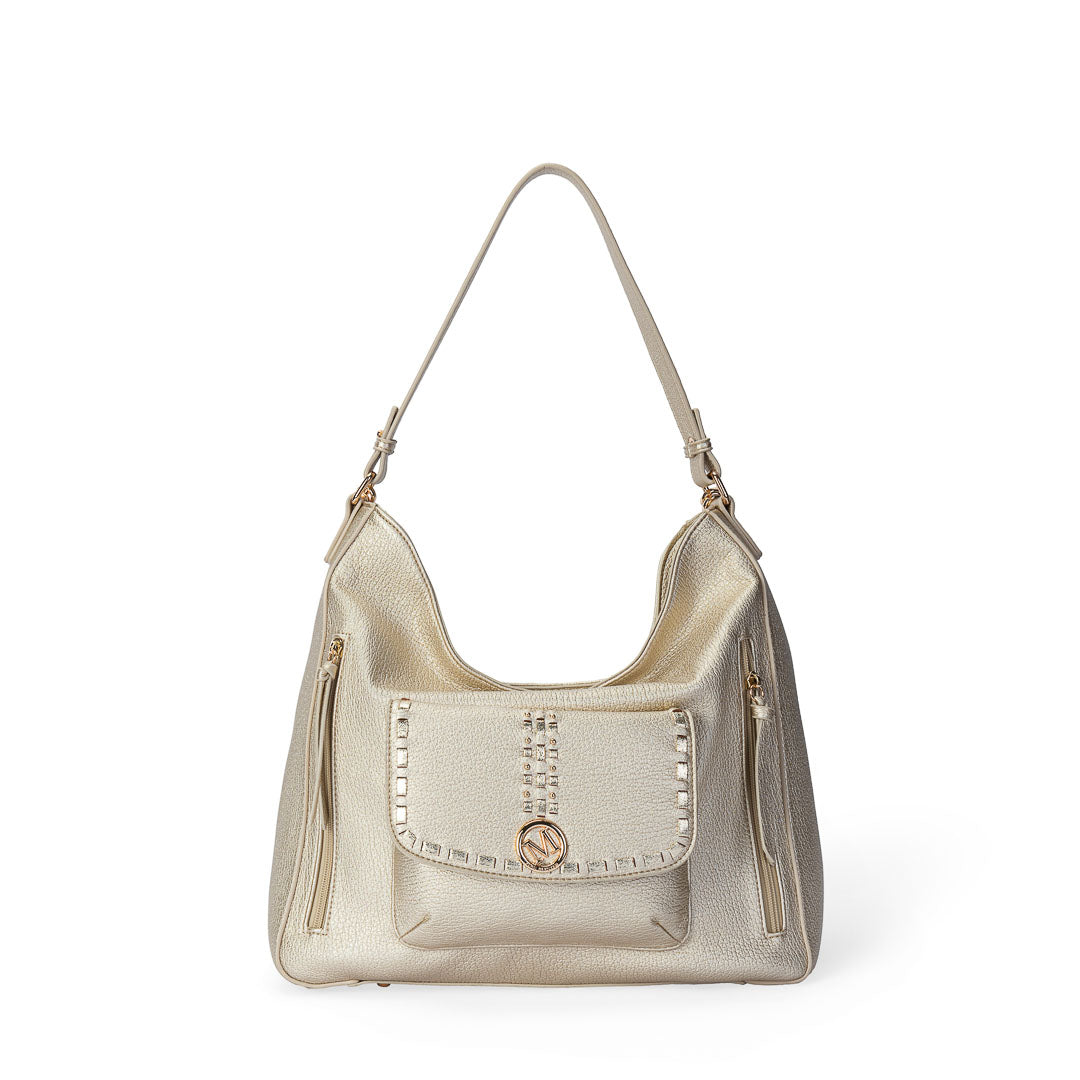 Grand sac besace Sweet Mac Alyster doré avec bandoulière large et détails dorés