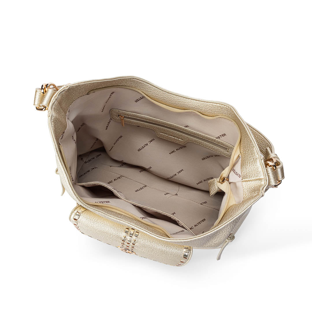Grand sac besace Sweet Mac Alyster doré avec bandoulière large et détails dorés